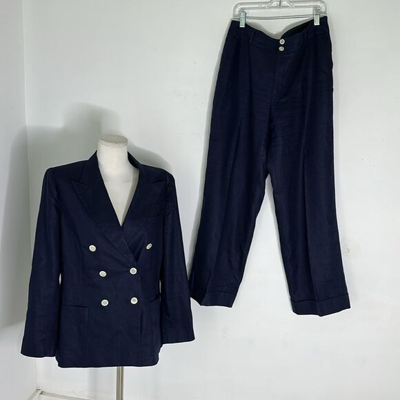 Vintage 90s Ralph Lauren Navy Linen Suit Set Preppy Vibes - Picture 1 of 8